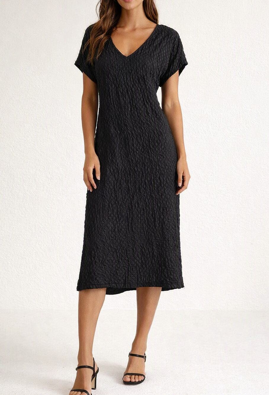 Luna Luz Short Sleeve Textured V Neck Linen Blend Midi Dress Black XL